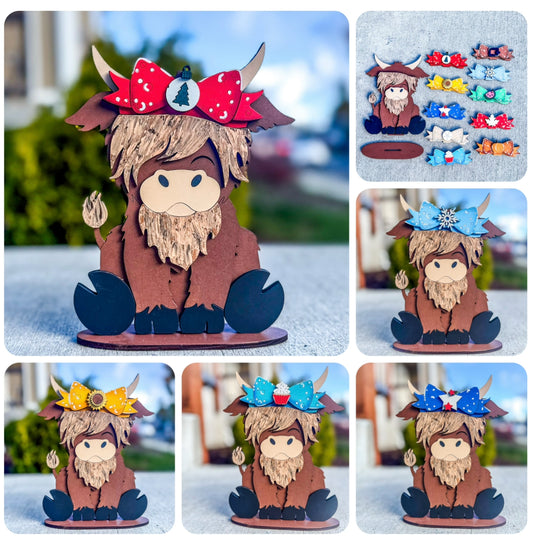 Highland Cow with Hats Interchangeable